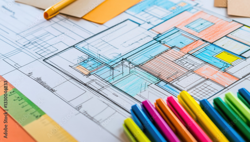 Detailed blueprint features vibrant colors and sections, illustrating an architectural design suitable for future construction projects Detailed blueprint features vibrant colors and sections, illustrating an architectural design suitable for future construction projects