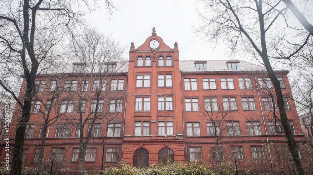 Fototapeta premium Grand Old Brick Building on a Cloudy Day