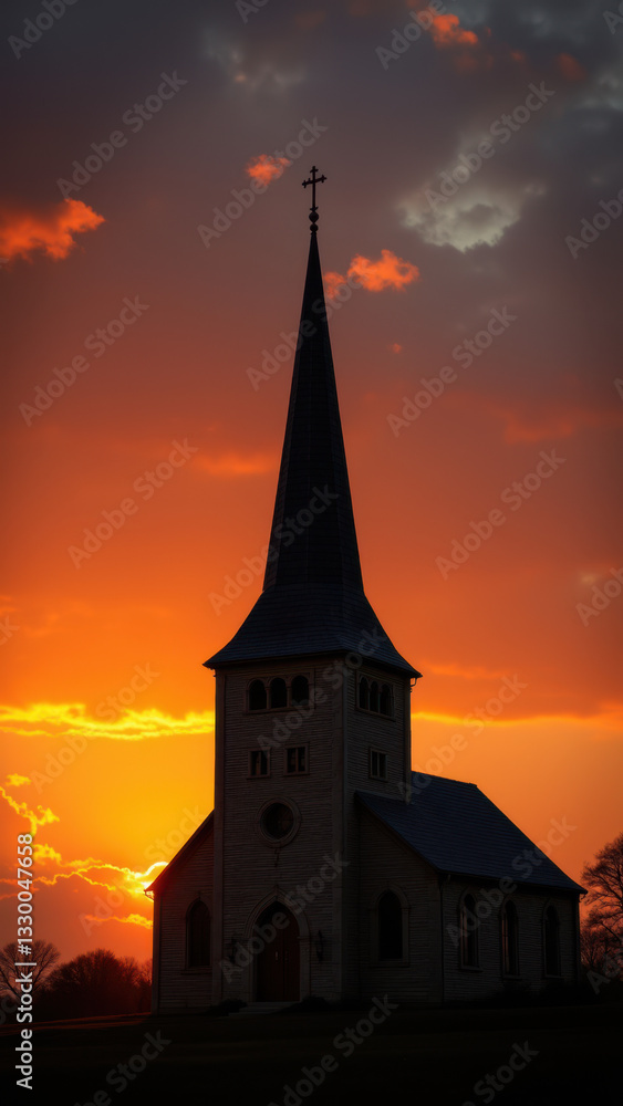 Fototapeta premium A serene evening scene with a Christian church's silhouette against an orange sunset sky.