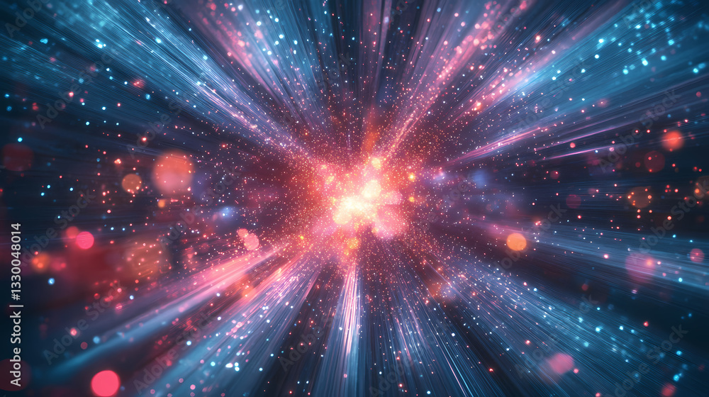 A vibrant digital universe filled with glowing particles and beams of light, evoking a sense of depth and infinite possibilities. Infinite Glow. Illustration A vibrant digital universe filled with glowing particles and beams of light, evoking a sense of depth and infinite possibilities. Infinite Glow. Illustration