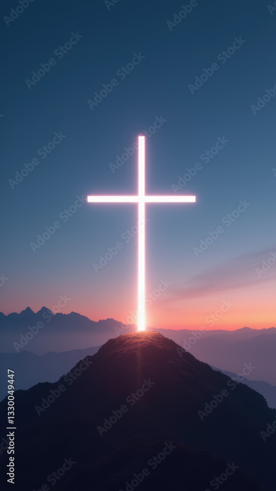 Obraz premium Sun-lit Christian cross silhouetted against mountains during sunset.