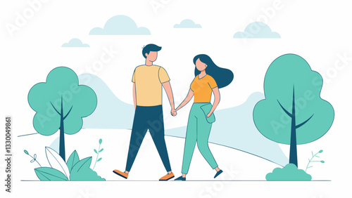 A sketch of a couple taking a leisurely walk in the park hand in hand enjoying the beauty of nature without documenting it on social media.. Vector illustration