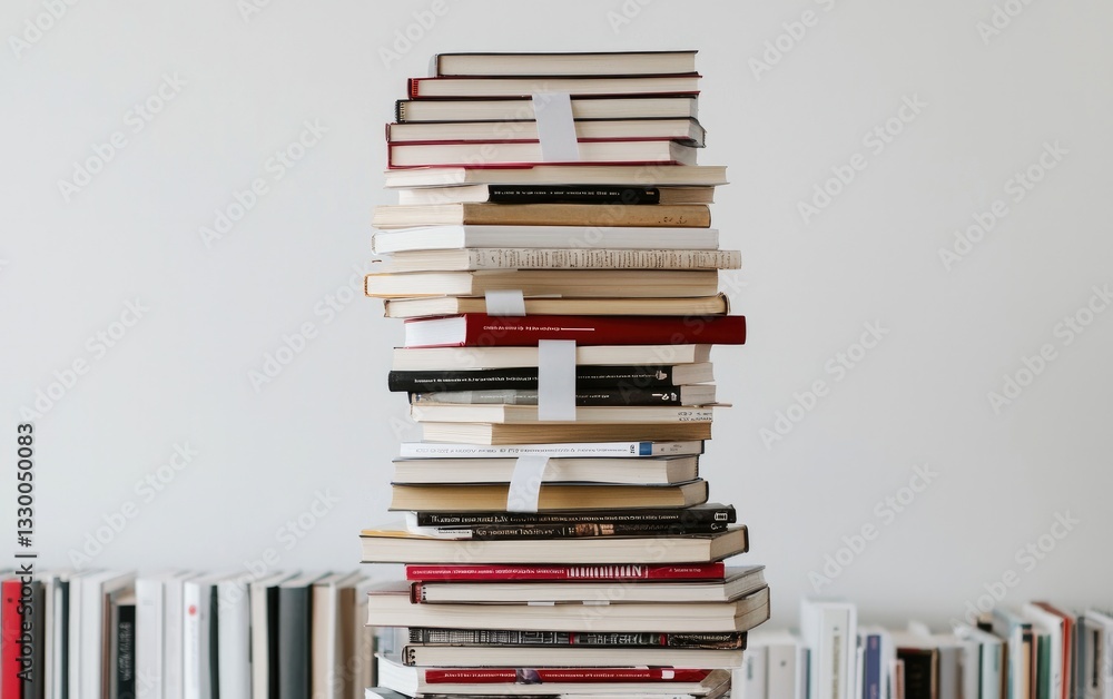 Tall Stack of Assorted Books with Bookmarks Against a Simple White Backdrop Tall Stack of Assorted Books with Bookmarks Against a Simple White Backdrop