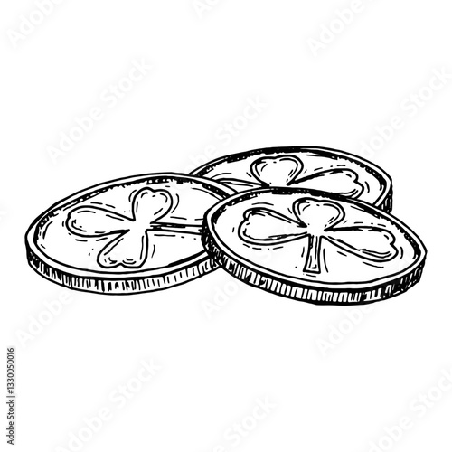 A black and white hand-drawn illustration of three lucky gold coins engraved with shamrocks. A classic symbol of Irish folklore, wealth, and prosperity, commonly associated with St. Patrick s Day