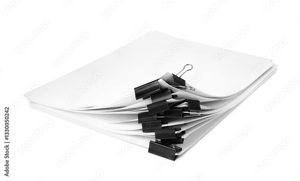 Binder clips with sheets of paper isolated on white Binder clips with sheets of paper isolated on white