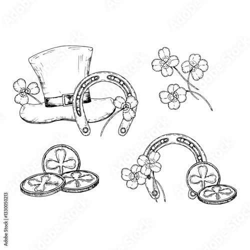 A collection of hand-drawn St. Patrick s Day clip arts, including a leprechaun s hat, horseshoe, shamrock, and lucky coin. A festive design celebrating Irish traditions and the joy of good luck