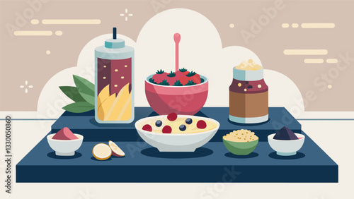 An elegant smoothie bowl station with marble countertops and goldrimmed containers of fresh berries nuts and seeds appealing to those seeking a more. Vector illustration