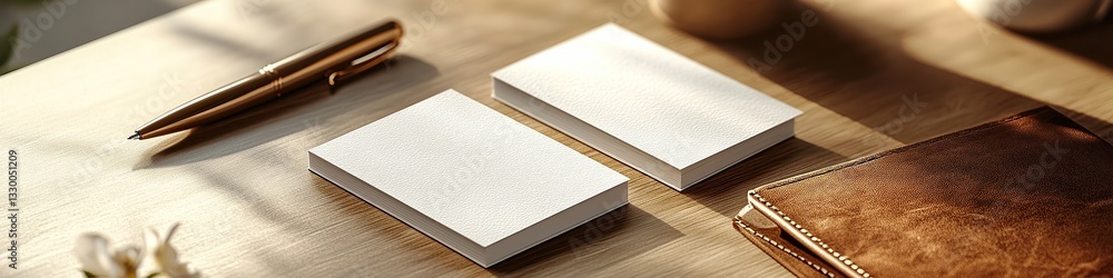 Fototapeta premium Elegant branding mockup featuring business cards and a logo on textured paper. Set against a neutral background with soft shadows for a sophisticated look.