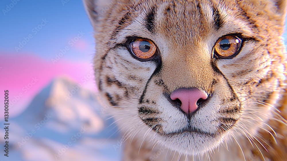 Obraz premium Close-Up of a Snow Leopard in a Serene Snowy Landscape at Dusk