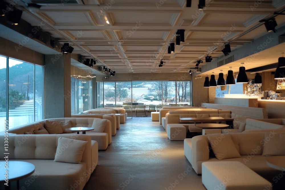 Modern lounge with beige sofas, large windows, and a bar. Modern lounge with beige sofas, large windows, and a bar.