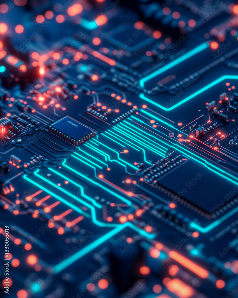 Close-up of a glowing circuit board with cyan and red lights, showcasing intricate electronic components and pathways. Close-up of a glowing circuit board with cyan and red lights, showcasing intricate electronic components and pathways.