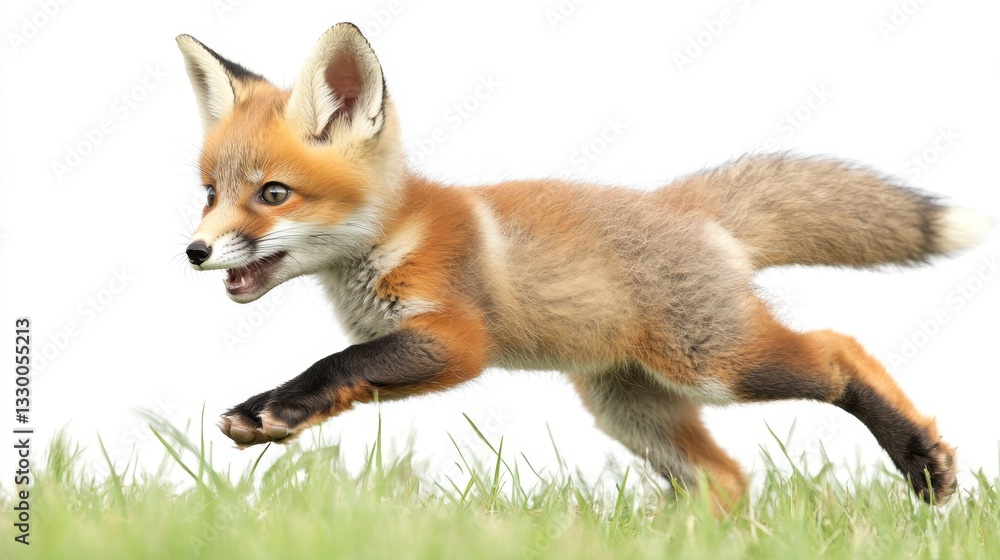 Fototapeta premium Baby fox running through grass meadow gigapixel image natural environment close-up wild animal adventure