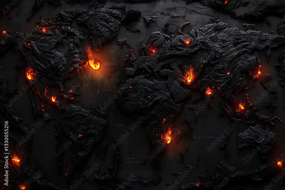 World map, burning, global crisis, showing hot zones World map, burning, global crisis, showing hot zones