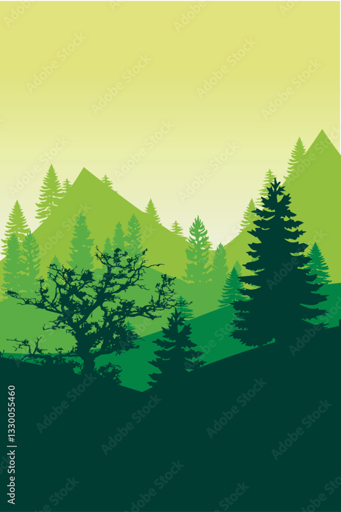 Fototapeta premium Scenic Green Forest Landscape with Silhouetted Trees and Rolling Hills