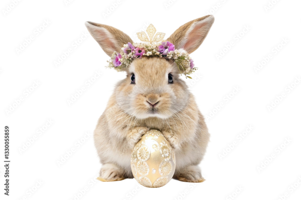 Obraz premium Cute bunny wearing floral crown and holding decorative egg for Easter celebration