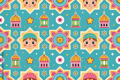 Islamic children's pattern featuring mosques, stars, and faces