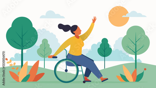 A woman in a wheelchair joins in on the Tai Chi practice finding peace and connection through adapted movements and the energy of the park.. Vector illustration