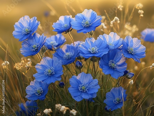  Blue flowers in a sunlit meadow, their petals shimmering under the golden light of late afternoon. Surrounded by lush green grass and tiny white blossoms.