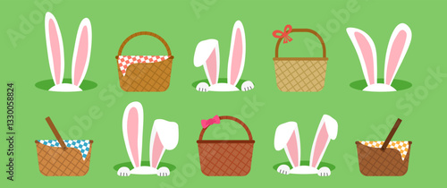 Easter bunny ears and basket icon, rabbit hole and picnic bag. Cute animal character, cartoon egg hunt, funny spring bunnies set on green background. Holiday vector illustration