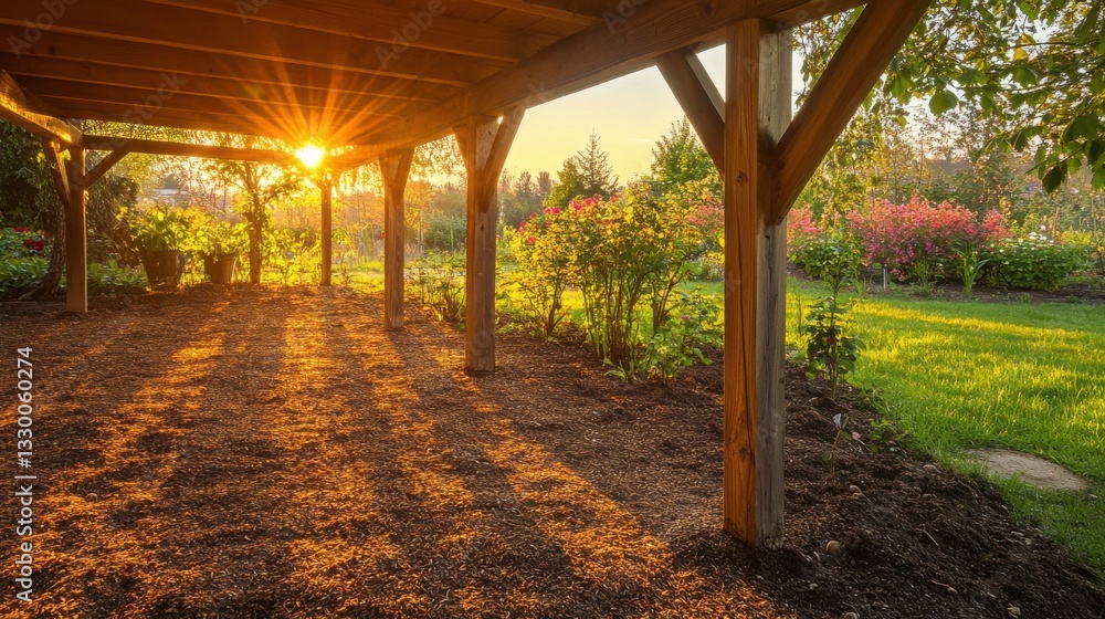 Obraz premium Soft Light Through Outdoor Pergola at Sunset