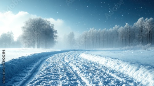snow field, endless, snowy, white, dark, no trees , no foot prints in snow, snowflakes falling,