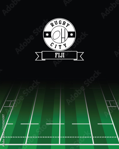 Fiji Concept for Rugby City white Stamp with Green Field Background, abstract illustration image