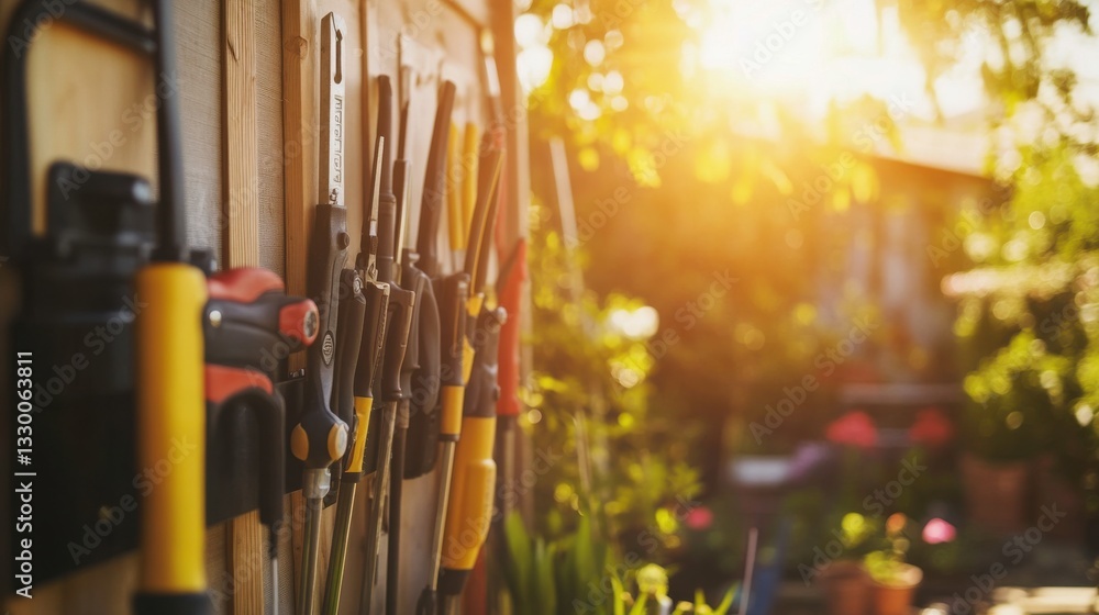 Obraz premium Tools Hanging on Rack in Bright Garden Shed