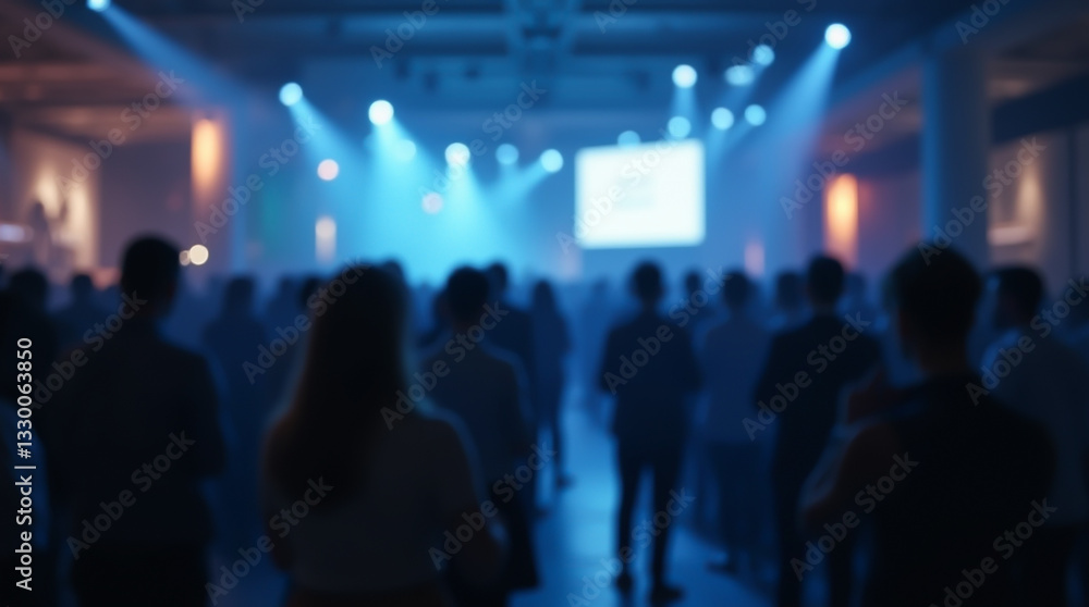 Naklejka premium A blurred image of an audience gathered in a conference hall illuminated by blue light