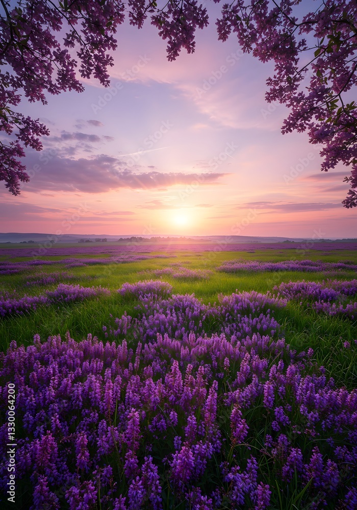 Obraz premium Pastel rays highlight rolling purple meadows, conjuring feelings of wonder.