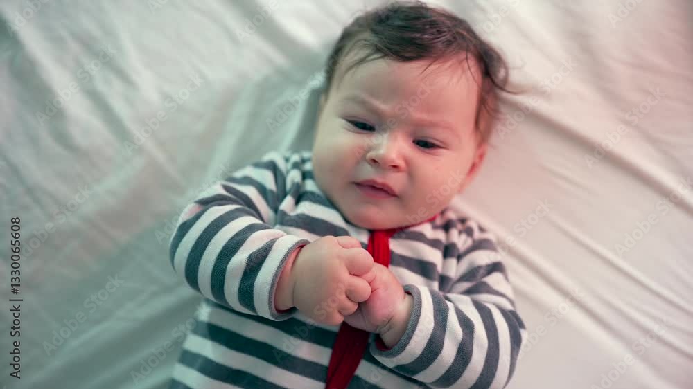 Happy baby lying on bed, smiling and playing with hands, expressing joy and curiosity in a comfortable home setting Happy baby lying on bed, smiling and playing with hands, expressing joy and curiosity in a comfortable home setting