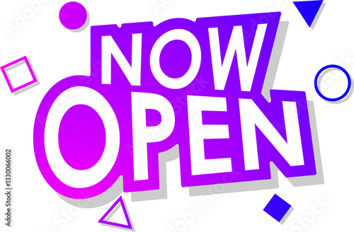 purple now open sign and poster with geometric shape elements for retail, shop, online marketing