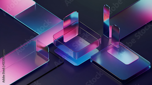 Isometric geometric shapes, gradient colors, neon pink and blue, retro-futuristic, vaporwave aesthetic, abstract composition