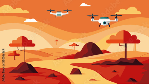 Drones hover over a barren landscape capturing aerial images and measurements to track land erosion and changes in vegetation.. Vector illustration