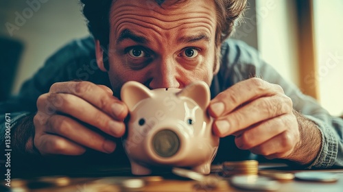A man stares intently at his piggy bank surrounded by coins, symbolizing financial aspirations and the emotions tied to saving, wealth, and personal responsibility in daily life.