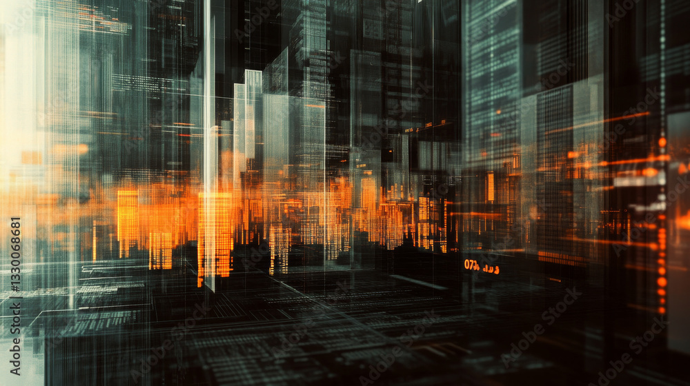 A creative multi-exposure image featuring abstract financial charts on a computer screen, representing research, analytics, and economic insights A creative multi-exposure image featuring abstract financial charts on a computer screen, representing research, analytics, and economic insights