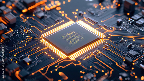 High tech circuit board with glowing microchip for technology and innovation concepts