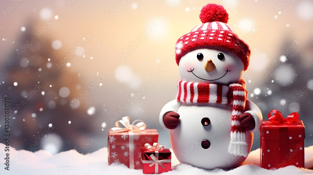 A snowman wearing a red hat and scarf stands in front of two red boxes A snowman wearing a red hat and scarf stands in front of two red boxes