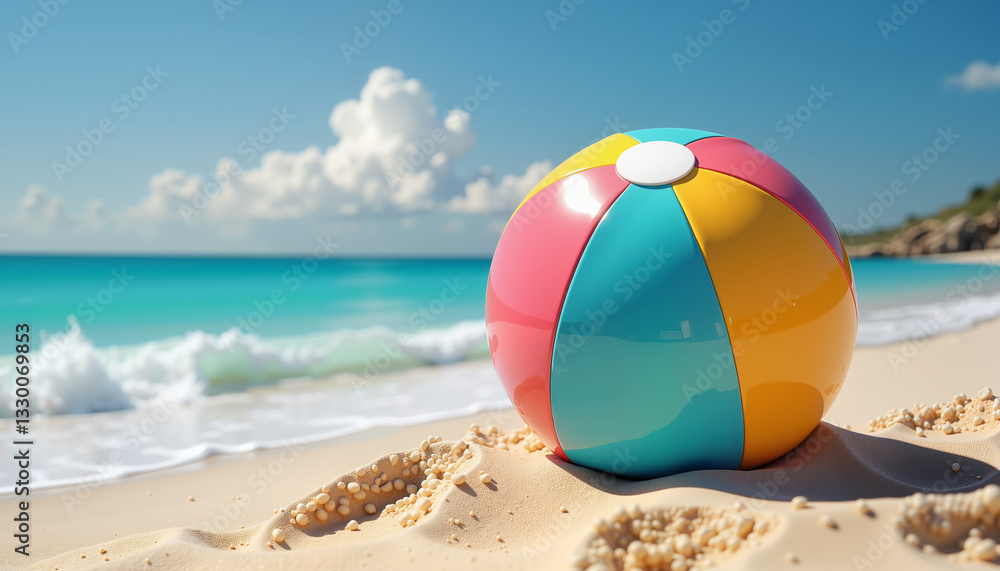 Obraz premium Kawaii-style colorful beach ball resting on sand by ocean waves, summer fun