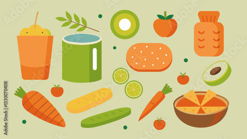 An assortment of wholesome organic snacks such as carrot sticks edamame and coconut date rolls.. Vector illustration