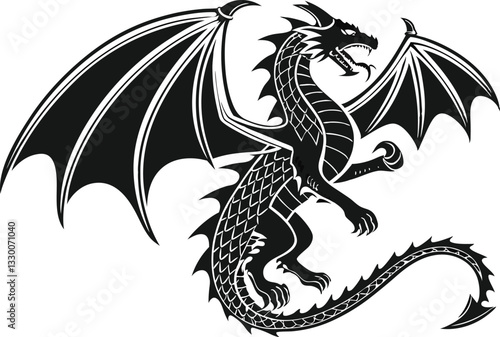 Fierce Gothic Dragon Silhouette - Fantasy Heraldic Vector Art