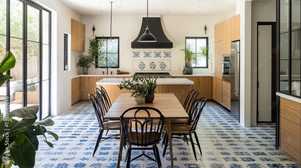 Fototapeta premium Modern kitchen, dining area, patio view, blue tiles