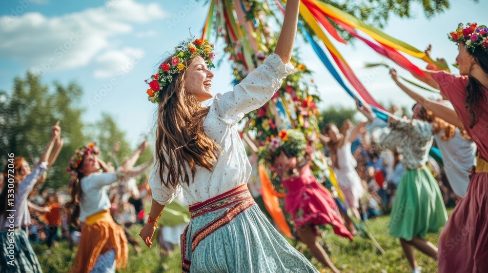 Obraz premium Colorful Group Celebrating Around Maypole in Sunlight, Selective Focus