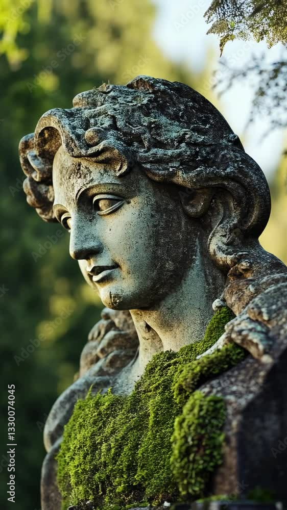Exquisite stone statue adorned with moss in a serene garden setting during golden hour Exquisite stone statue adorned with moss in a serene garden setting during golden hour