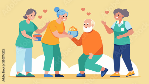 A group of caregivers participating in a handson exercise to learn how to assist a senior with medication management for mental health conditions.. Vector illustration