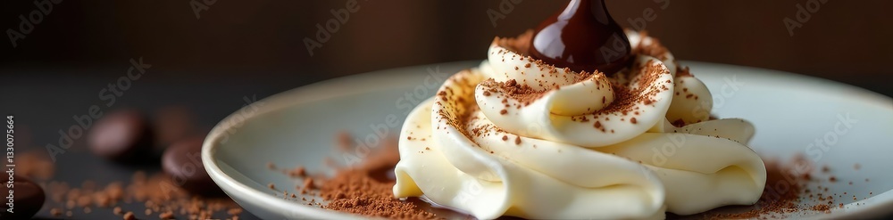 Fototapeta premium Whipped cream topped with a rich chocolate drop glows softly, soft, treat