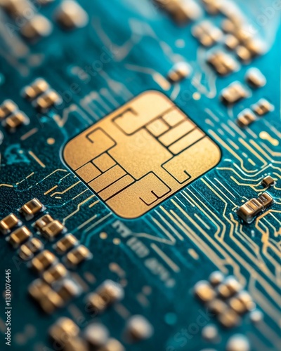 Macro shot of a gold credit card chip on a metallic teal circuit board. Detailed electronic components highlight the precision of financial technology, security, and digital transactions.