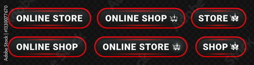 Online store and shop button icon set isolated on black background
