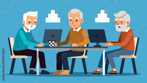 A group of silverhaired men enjoying a game of online chess at the Silver Surfers Internet Café.. Vector illustration