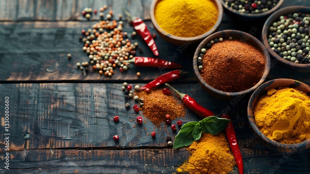 Fototapeta premium A variety of spices are displayed on a wooden table