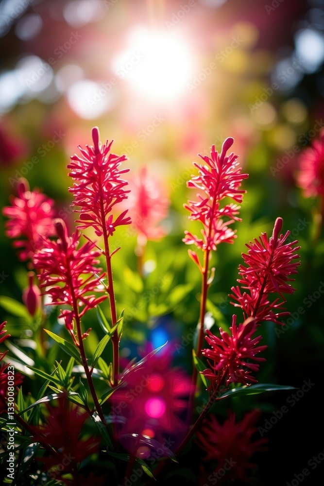 Red Cardinal Flowers Blooming in Sunlight with Lush Green Garden Background Red Cardinal Flowers Blooming in Sunlight with Lush Green Garden Background